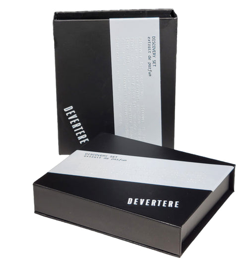 Closed packaging of Discovery Set (6 x 2,5ml) by Devertere, showcasing elegant black box design with product label, perfect for gifting or personal use.