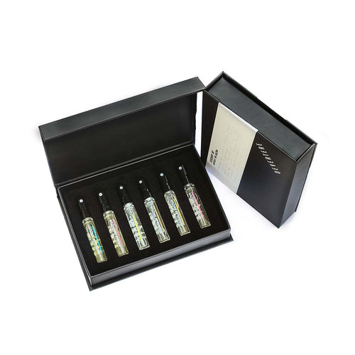 Discovery Set (6 x 2,5ml) con sei mini spray di profumo in elegante cofanetto nero, ideale per testare tutte le fragranze Devertere.